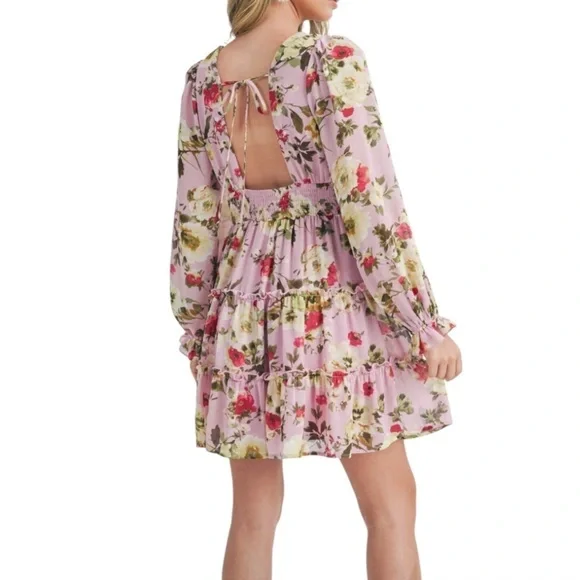 NWT Lush Long Sleeves Open Back Floral Pink Tiered Dress SZ Large - Picture 8 of 10